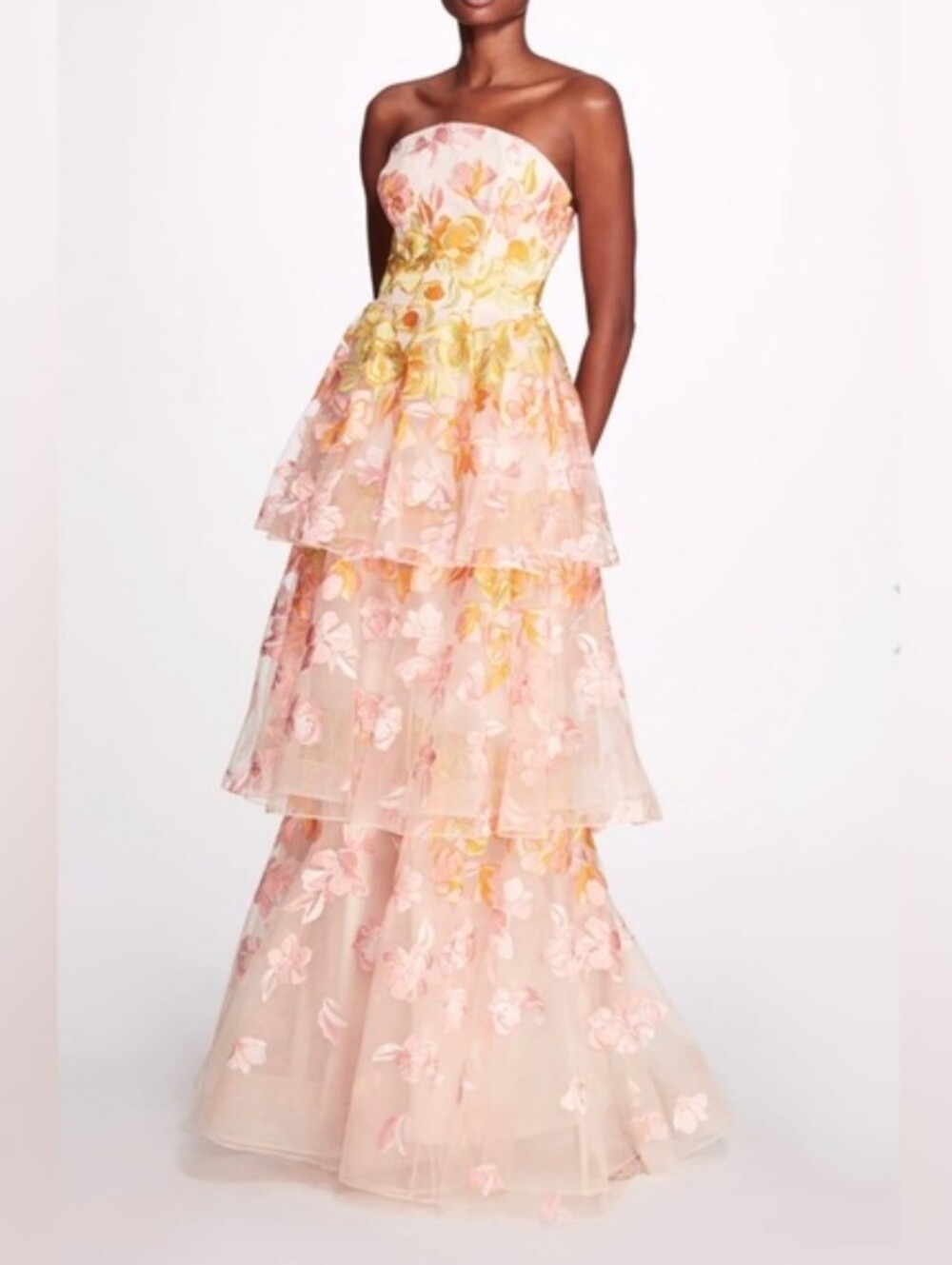 Marchesa Notte Falling Flowers Tiered Gown